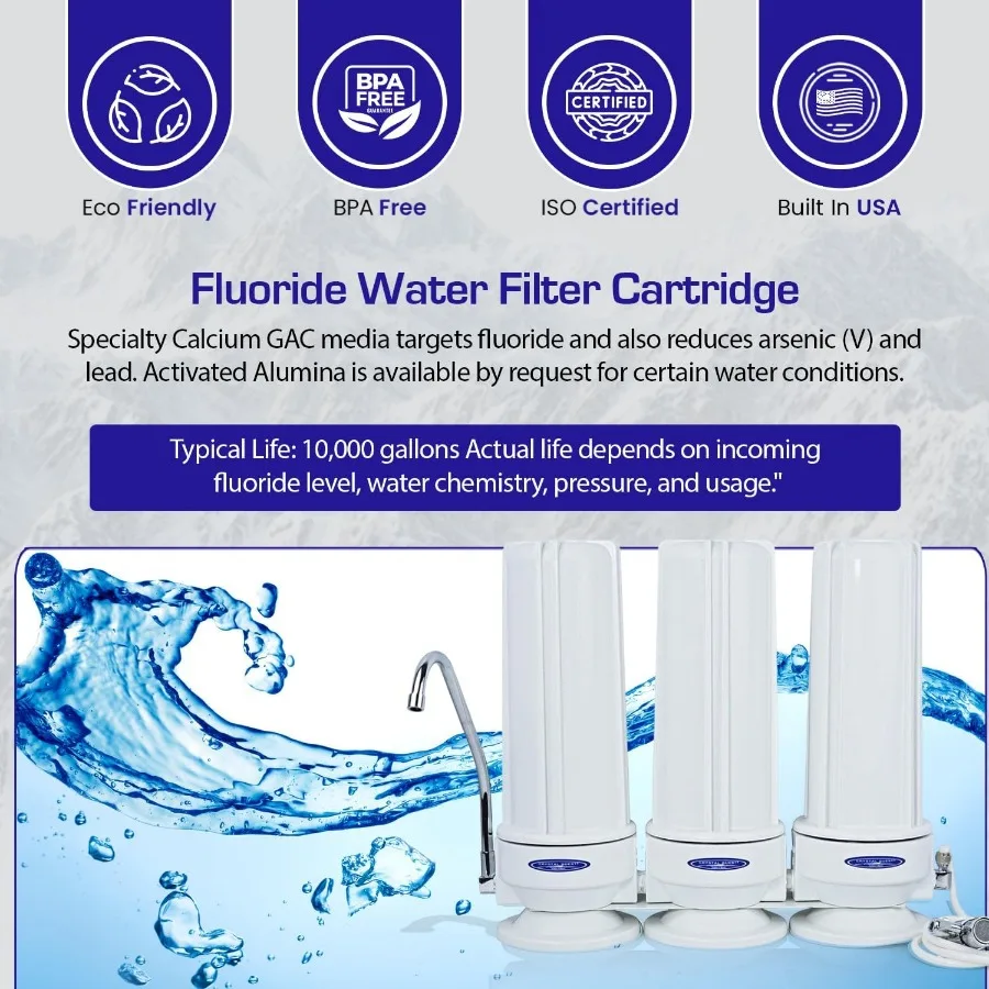 نظام فلتر الفلورايد الثلاثي على سطح الطاولة لتنقية المياه المنزلية: تقنية الترشيح المتقدمة متعددة المراحل لإزالة t