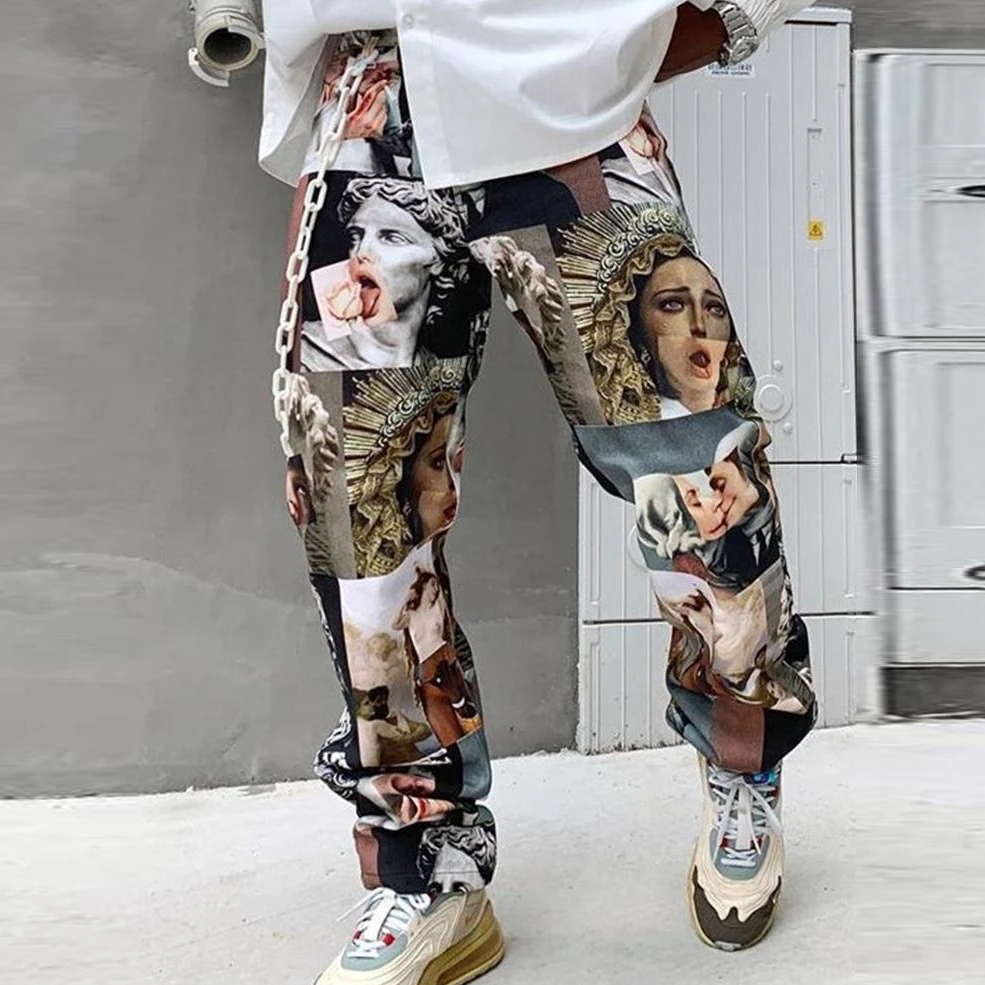 Mens Pants Spring/Autumn Streetwear Printed Straight Loose Mid Waist Casual Trousers Fashion Full Length Pant for Men