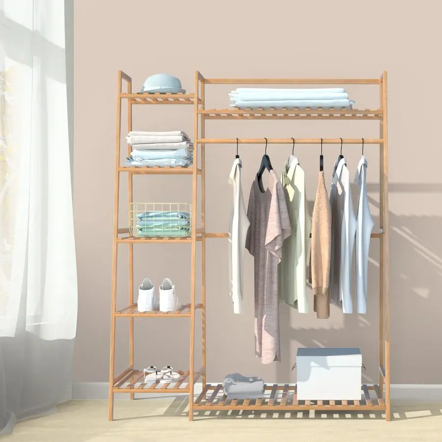 

Bamboo Clothing Garment Rack,Free Standing Clothes Coat Hanger,Closet Organizer w Shoe Rack,Multitiered Wardrobe Storage Shelves