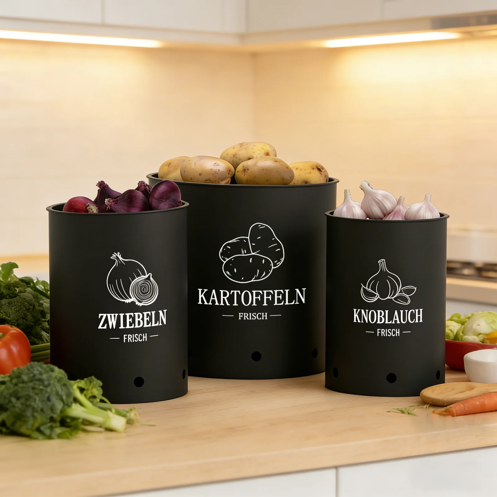 Juego de 3/4 Cajas para Almacenar Patatas, Contenedor Grande de Plástico con Tapa de Bambú y Orificios de Ventilación, Cubo Apilable para Patatas