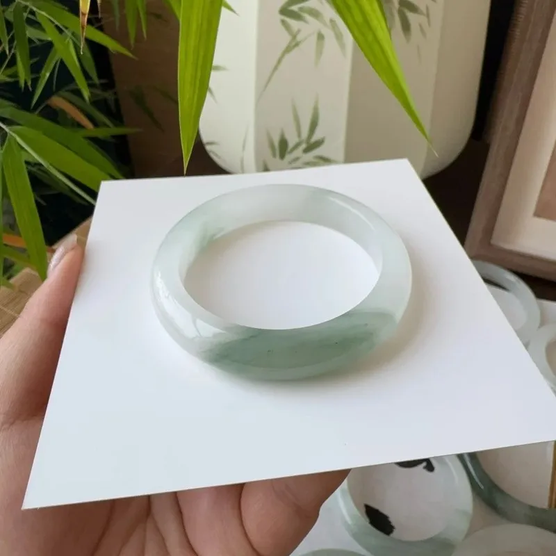 Xinjiang Tianshan Bracelet, Ice-Waxy Natural Snow Jade, Flat Bar with Flower Pattern, Guaranteed Genuine Jadeite, Perfect f