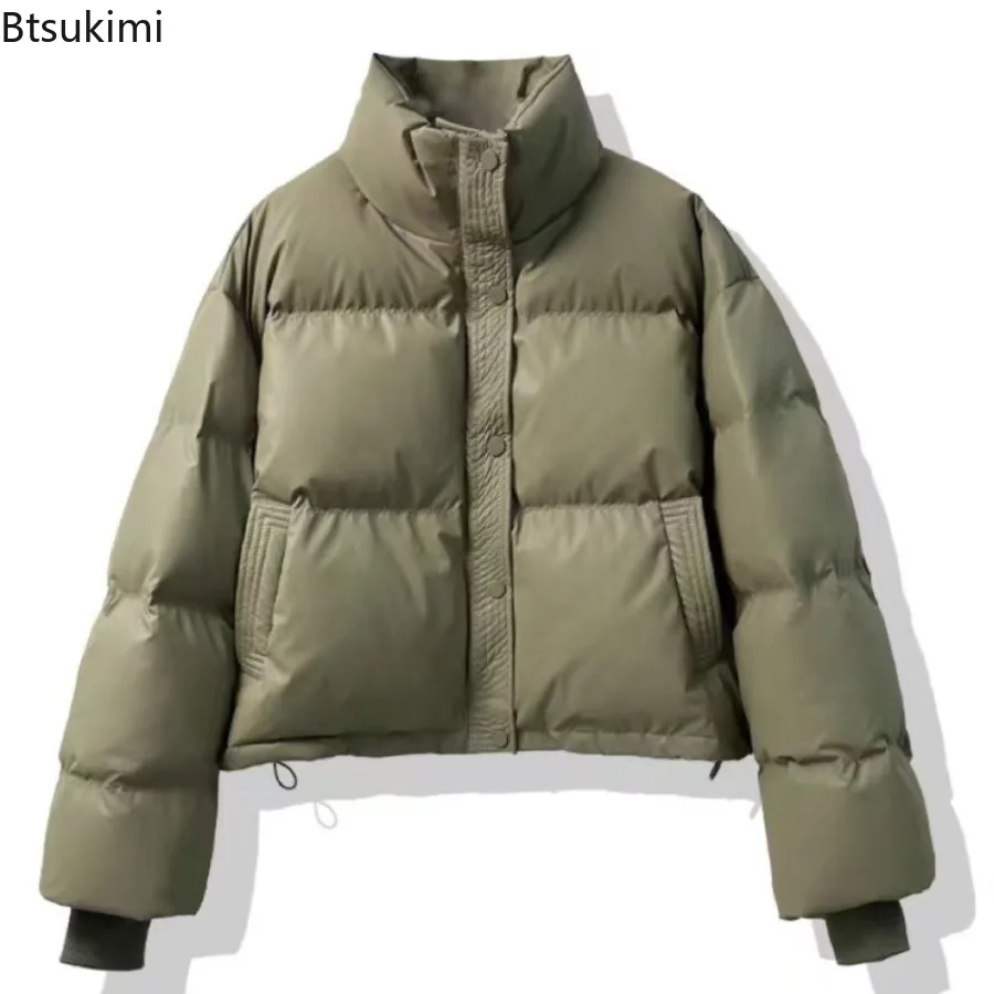 2026 Winter Warm Thick Parkas Women New Fashion Loose Crop Jacket Female Cotton Padded PU Leather Elegant Zipper Coat Y2K Tops