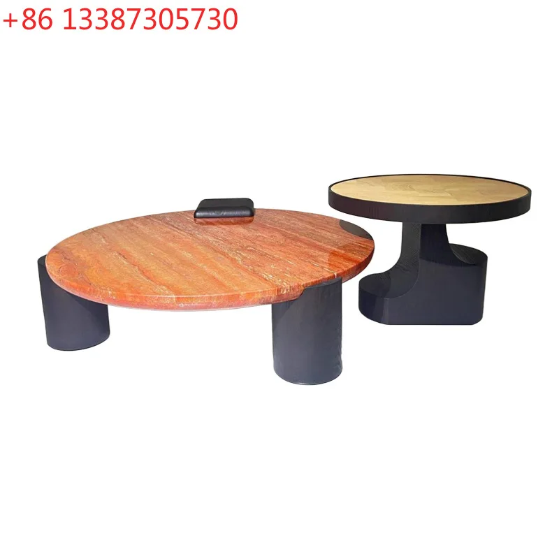 

Italian minimalist natural red travertine coffee table living room home new high-end round coffee table