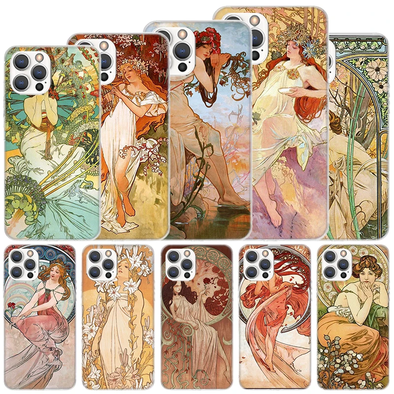 Alfons Mucha Primavera Soft Case For iPhone 16 15 Plus 11 12 13 Mini 14 Pro Max Apple Phone Cover X XS XR SE 7 8 SE Coque 11 12 