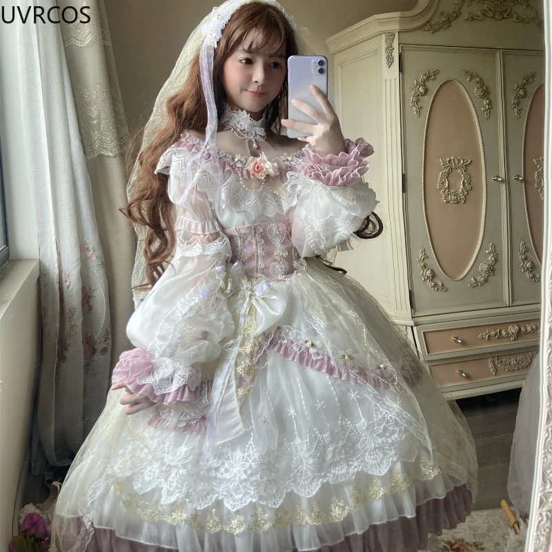 Japońska słodka sukienka Kawaii Lolita kobiety wiktoriańska Vintage suknie ślubne księżniczki dziewczęca koronkowa kokarda elegancka odzież Lolita