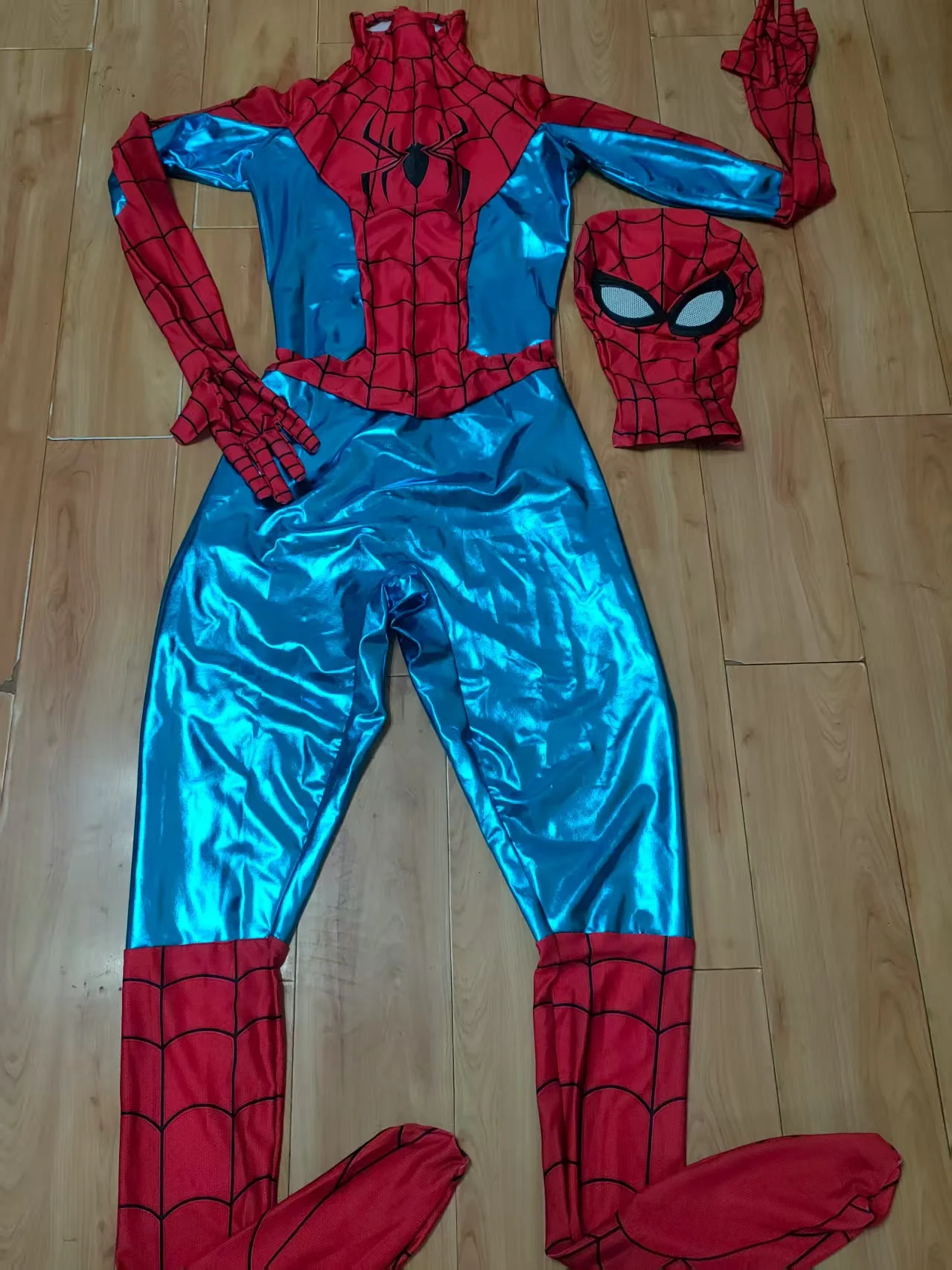 

(NO Spider Logo on Back) SkyBlue Foil Fabric NWH Ending Suit Spiderman Cosplay Superhero Zentai Bodysuit Halloween Costume Adult