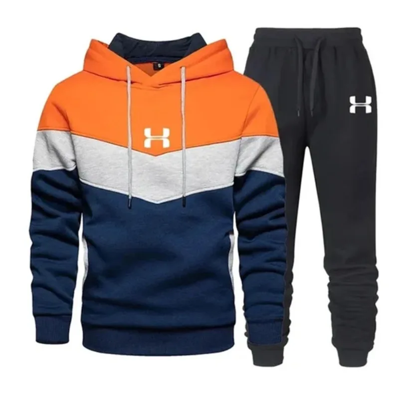 Autumn and winter men\'s new three-color combination hat long sleeve hoodie jumper + trousers 2 sets fitness leisure sports suit