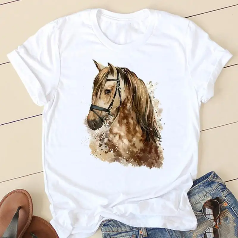 

Ladies Fashion Watercolor Horse 90s Trend Casual Women Clothing Summer Short Sleeve Graphic Tee T-shirts Female Tshirt Clothes