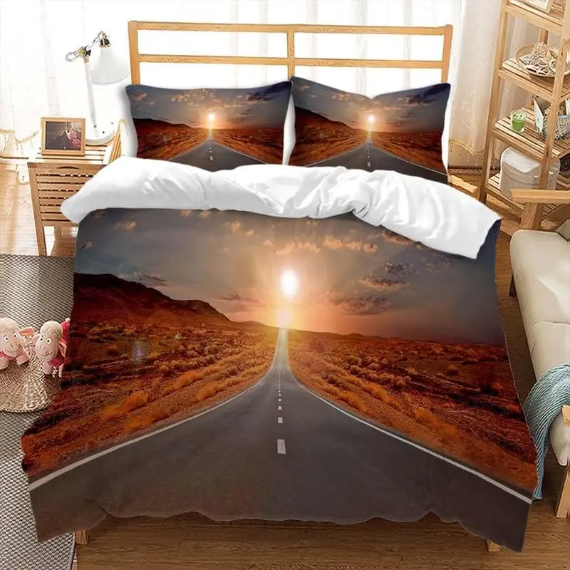 Highway Duvet Cover Natural Scenery Bedding Set Twin Queen Microfiber Sunset Beautiful Highway Comforter Cover for Girls Teens
