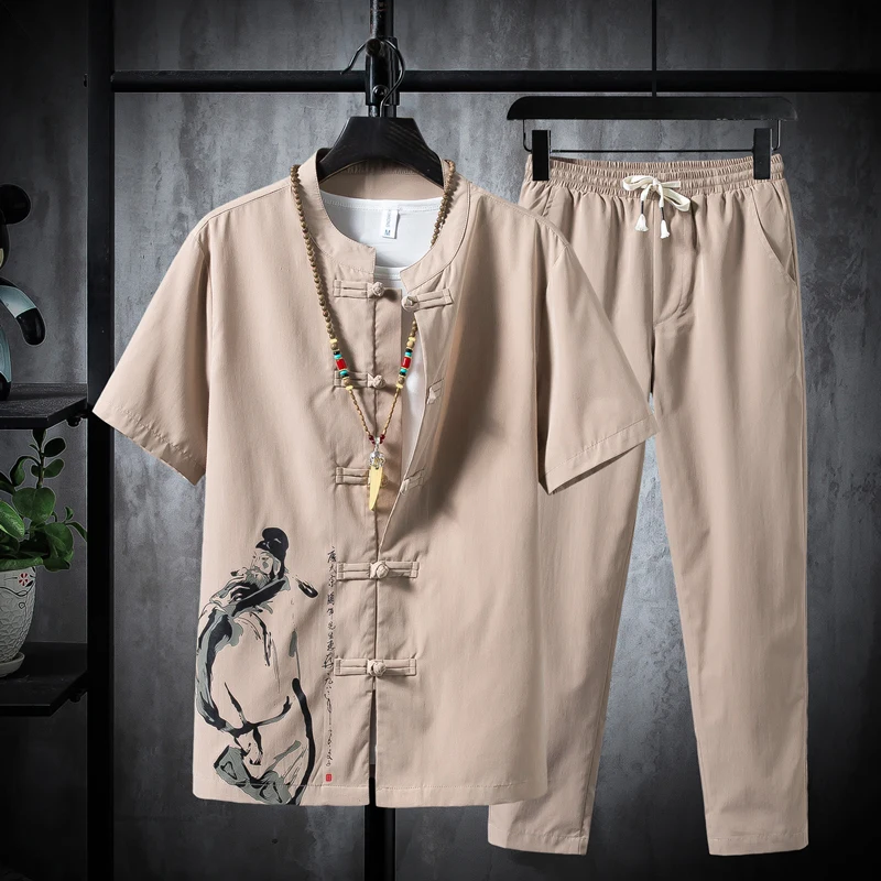 Summer Men Chinese Style Tang Suit Mens Traditional Tai Chi Retro V-neck Shirt +Pants Male Hanfu Sets Tracksuit Home