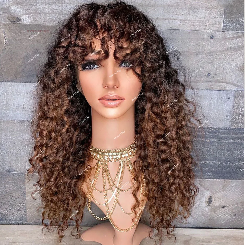 Ombre Chestnut Brown Kinky Curly With Bangs Transparent 360 Lace Human Hair Full Lace Wig Water Wave 5x5 Lace Closure Fringe wig