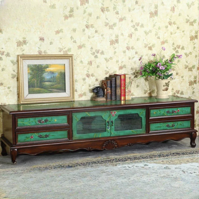 

Rural Handmade Painted TV Cabinet 2 M Practical Low Cabinet Two-Door Four-Bucket Background Wall Cabinet