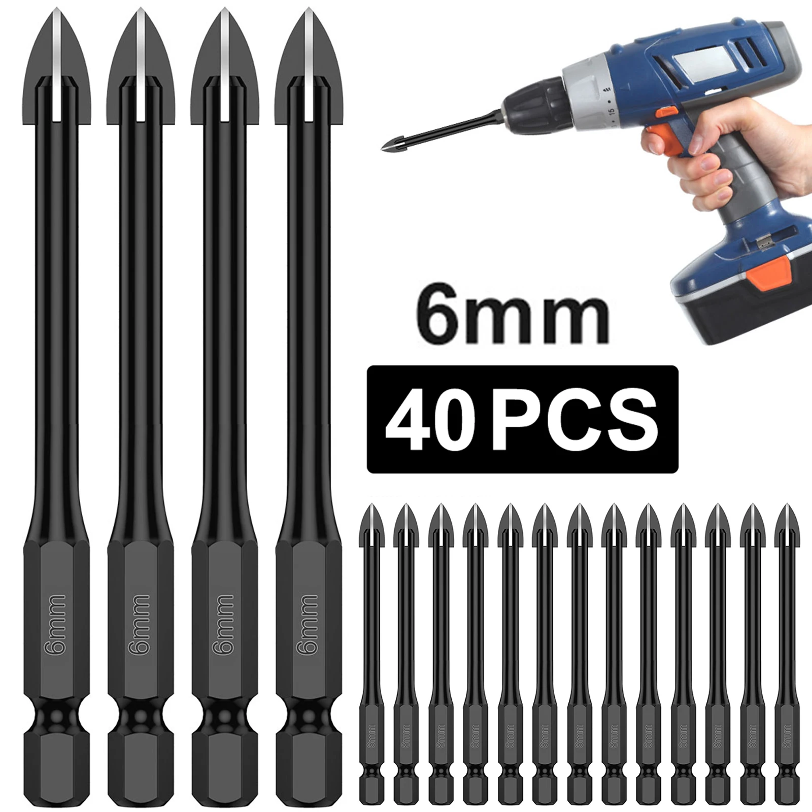 40個入り-6mm-クロスヘックスドリルビットセット-タイル・磁器・ガラス・鏡用-多機能タイル・磁器ドリルビットキットツール-超硬ドリル