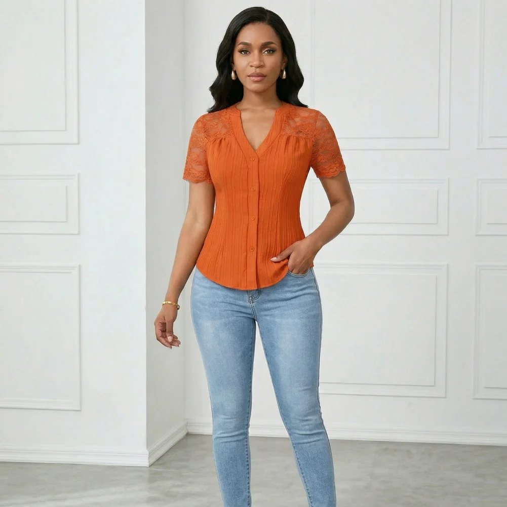 

Рубашка с кружевными вставками, женская блузка с V-образным вырезом, кружевная блузка с коротким рукавом, топ с ажурными вставками, приталенная рубашка для работы и вечеринок