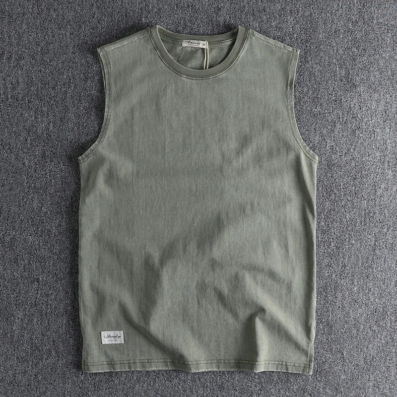 

Summer New American Retro Sleeveless O-neck Solid Color T-shirt Men's Fashion 100% Cotton Washed Casual Sports Fitness Vest Tops