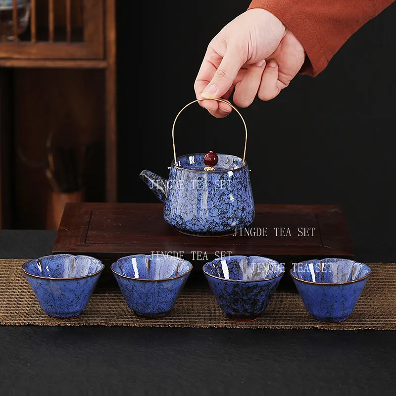 Starry Blue Crystal Glaze Tea Set with Golden Handle Teapot and 4 Cups Kiln Changed Ceramic Kung Fu Teaware Sets for Gift