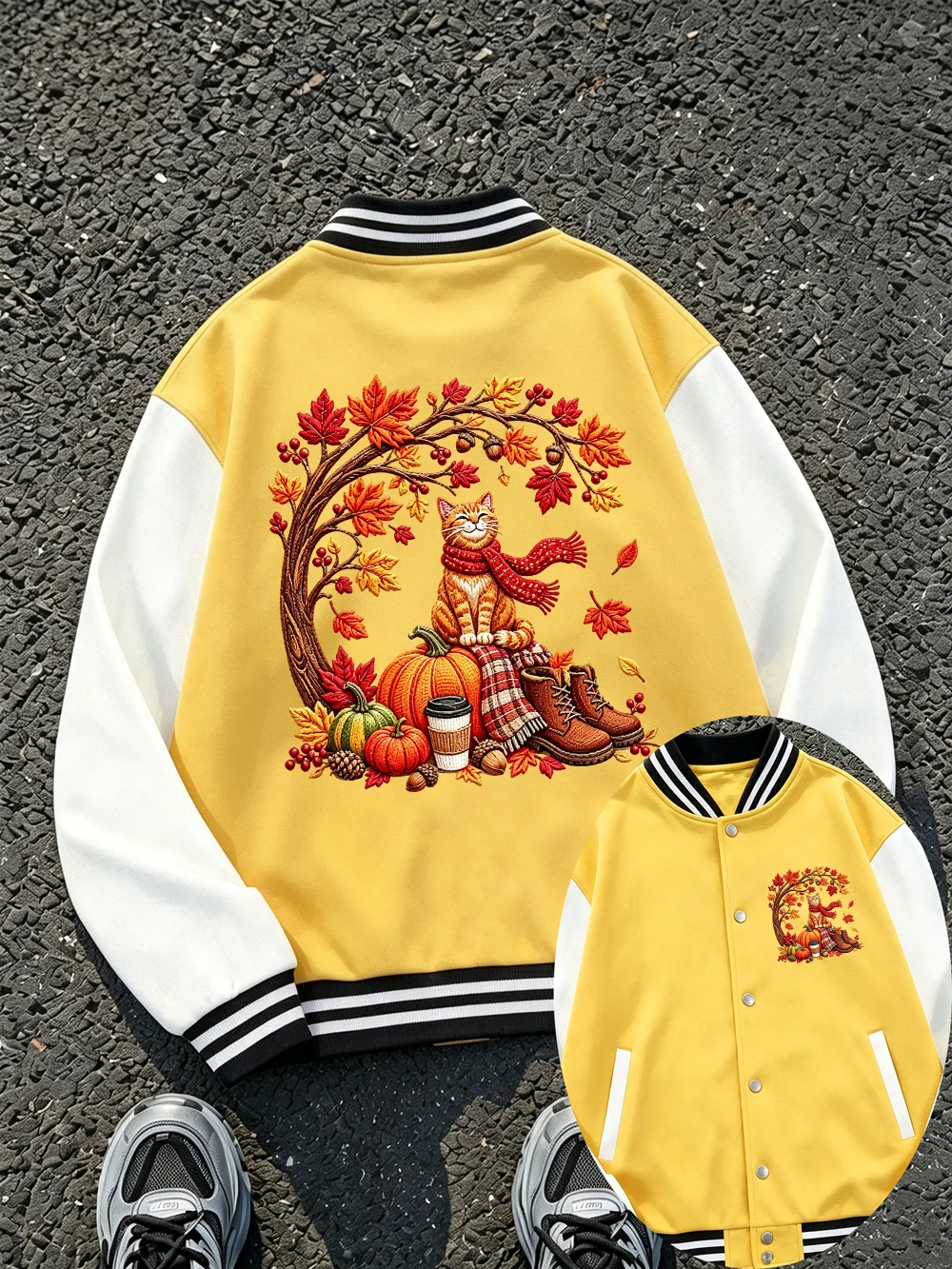 Embroidery Fall Orange Cat Prints Baseball Jersey Men Winter Fleece Coats Casual Pocket Cotton Jackets Sporty Loose Male Clothes