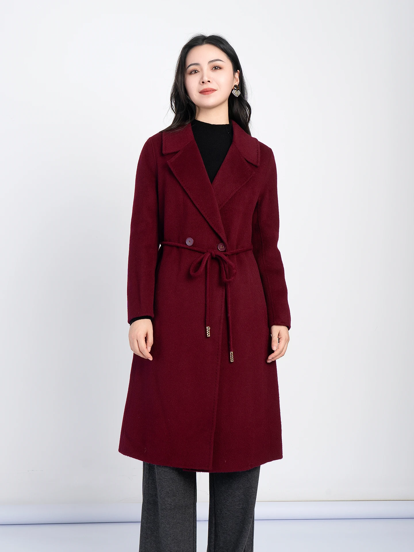 

Зимнее новое шерстяное двустороннее пальто Yan Feini с поясом на талии, средней длины, с отложным воротником, женское пальто