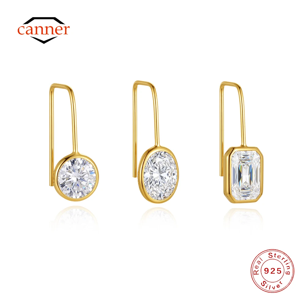CANNER 1PC Real 925 Sterling Silver Drop Earrings Oval Round Emerald Cut CZ Earrings for Women  18K Gold Plated Wedding Jewelry