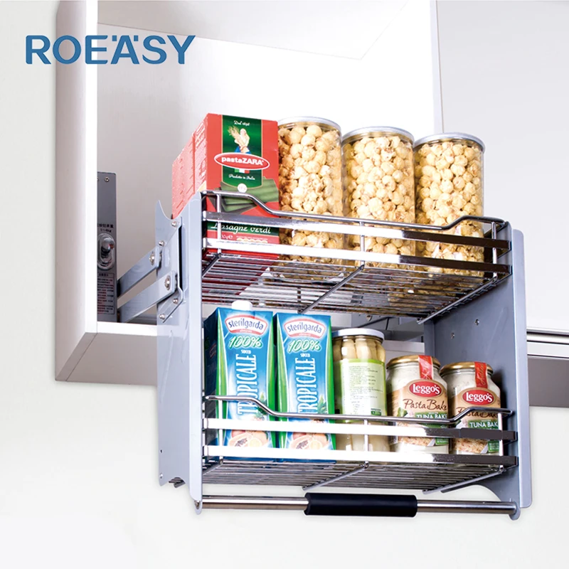 Roeasy Wall Hanging Lifting Basket Pull Down Wire Basket Lift Elevator Storage Shelves for Kitchen Cabinet