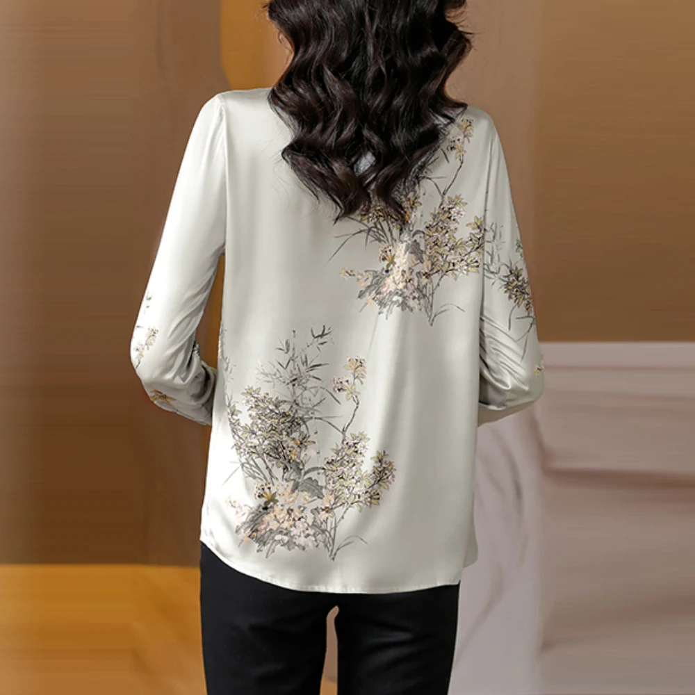 Fashion Printed Ladies Shirts Elegant Satin Women's Blouses Spring Summer Autumn Long Sleeve Casual Tops Femme Blusas Mujer