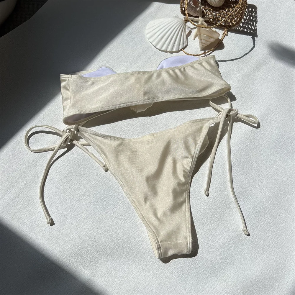 Sexy solid string Swimsuit woman Bikini Thong tulle Floral Bandeau Swimwear beach Outfit strapless backless bikinis Bathing Suit