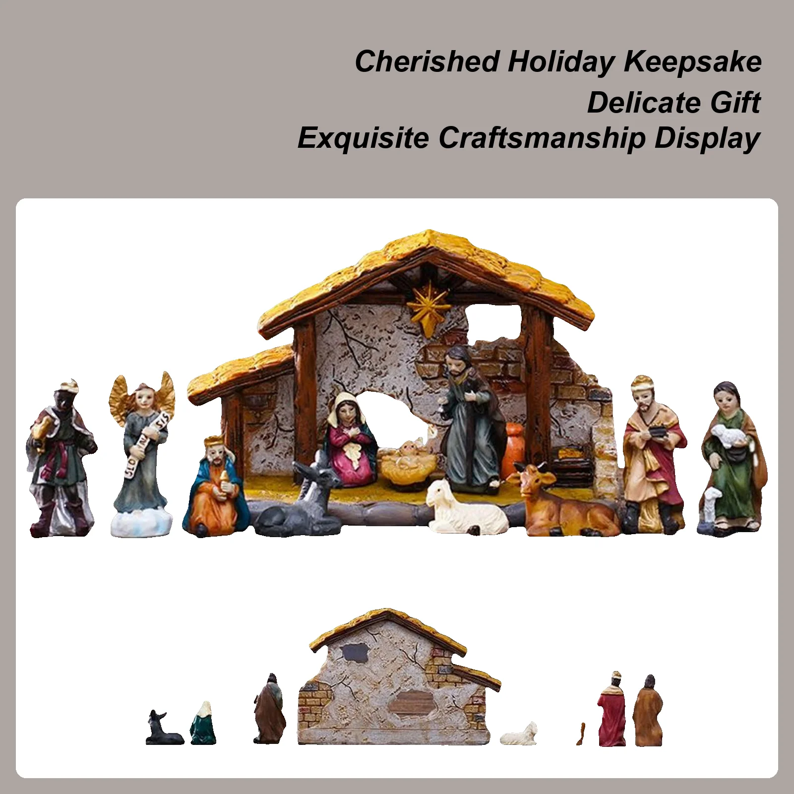 3CM Christmas Nativity Horse Trough Set Ornament Christian Religious Craft Collectible Figurines Resin Christmas Decor Gift