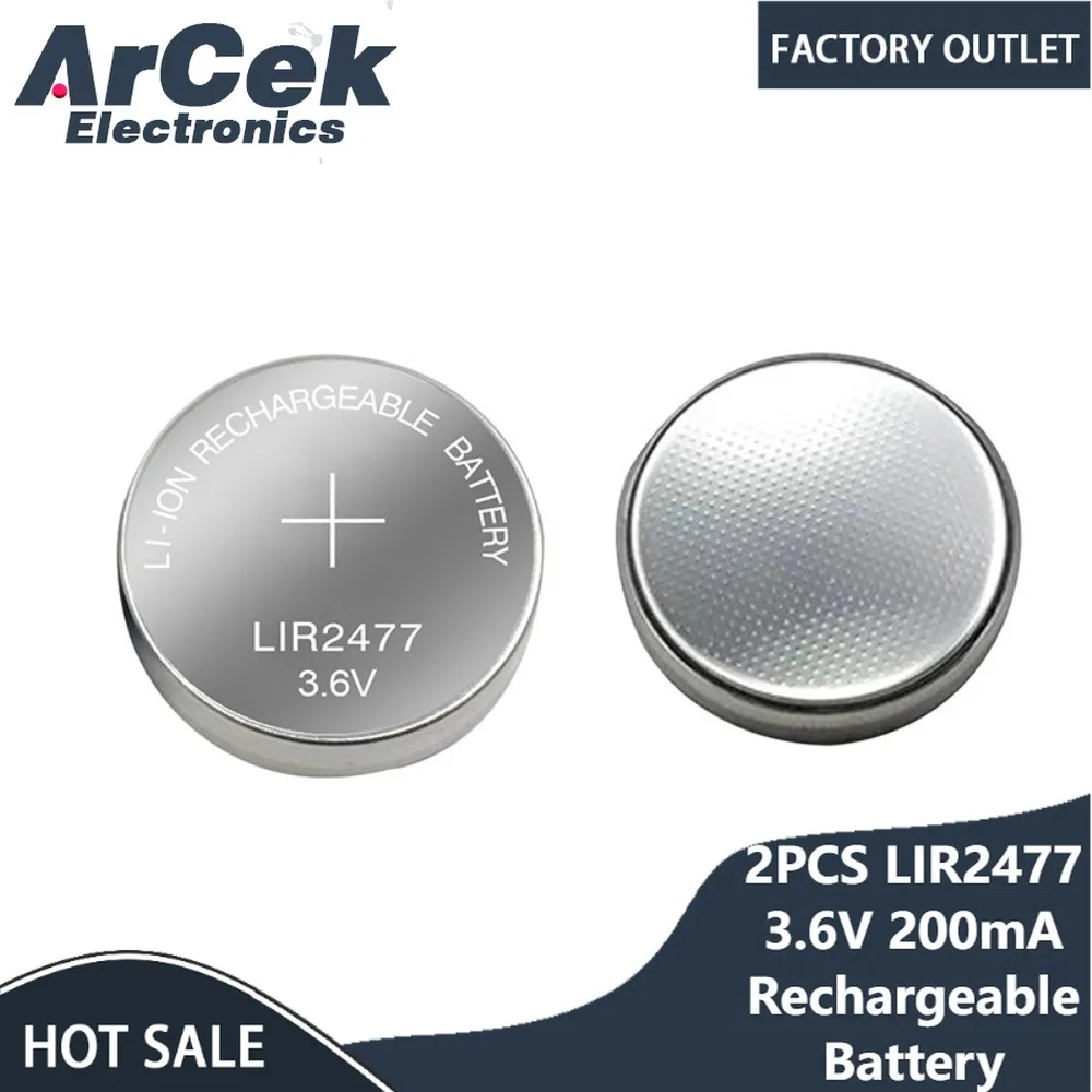 

2PCS 3.6V Button Battery LIR2477 CR2477 Lithium Battery 200mAh Rechargeable Coin Cell Battery for Watch Calculator Tablets