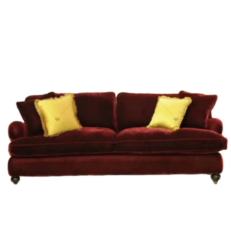 

Retro burgundy small apartment B & B fabric velvet double sofa living room solid wood photography sofa