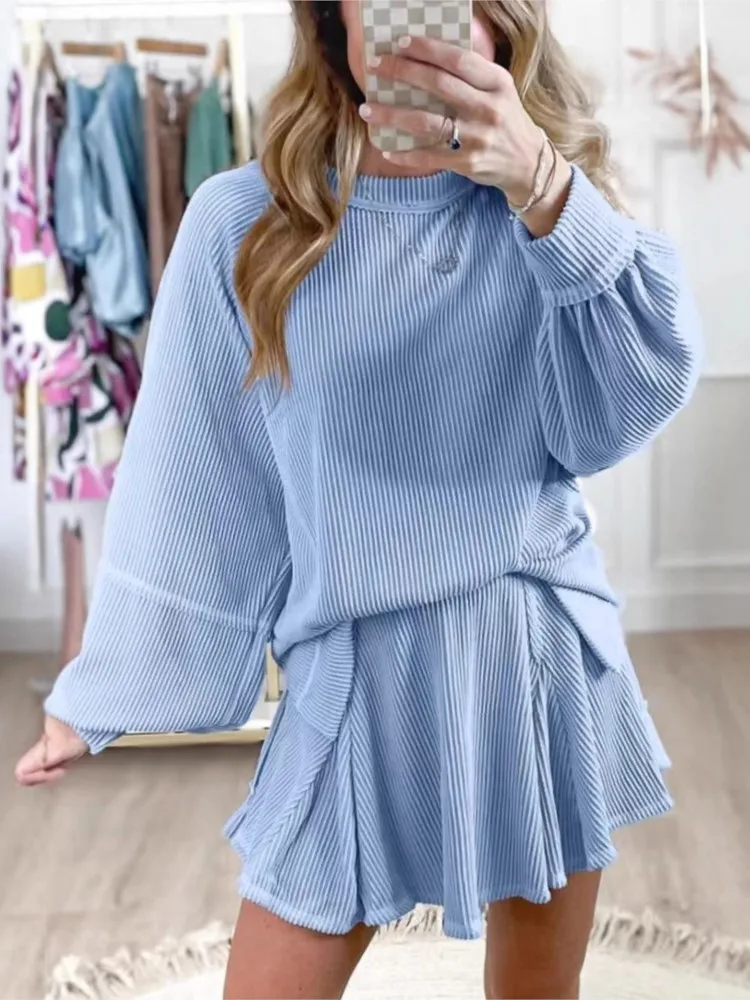 

Женская элегантная юбка, комплект из двух предметов, модный топ с круглым вырезом и длинными рукавами + короткие юбки, костюм, весенне-осенний женский милый офисный наряд