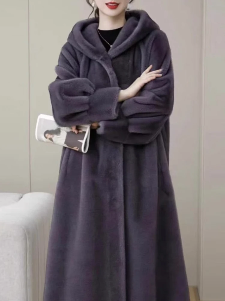 Abrigo con capucha de longitud media con adornos de piel ecológico para mujer Prendas de abrigo de piel de conejo Sli Casual Chic Long Sve Polyester Jaet