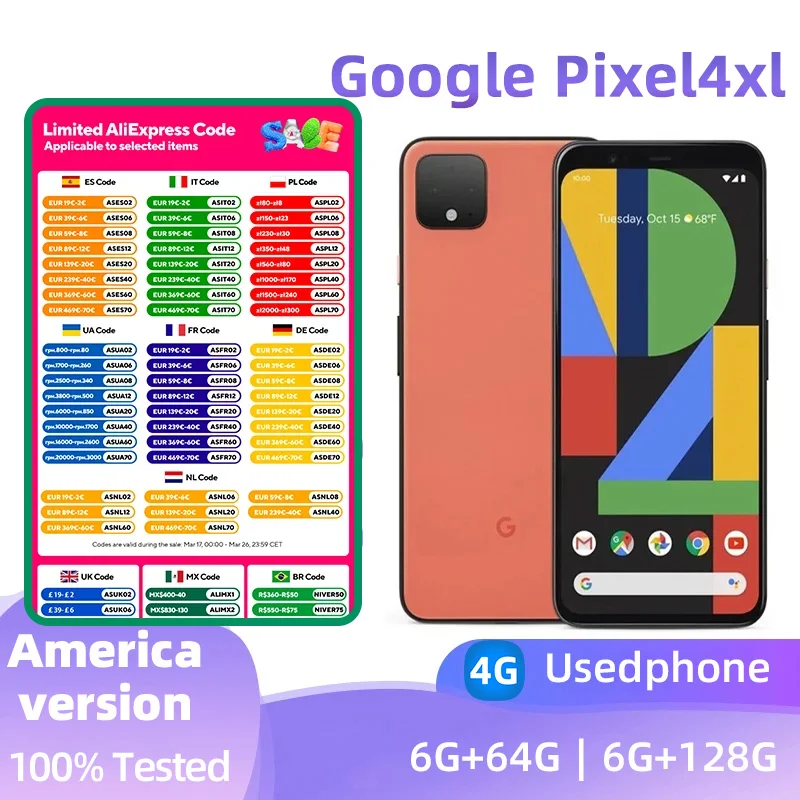 Google Pixel 4xl 4G 6.3inch Screen SmartPhone CPU Qualcomm Snapdragon 855 3700mAh Battery 12MP Camera Unlocked used phone