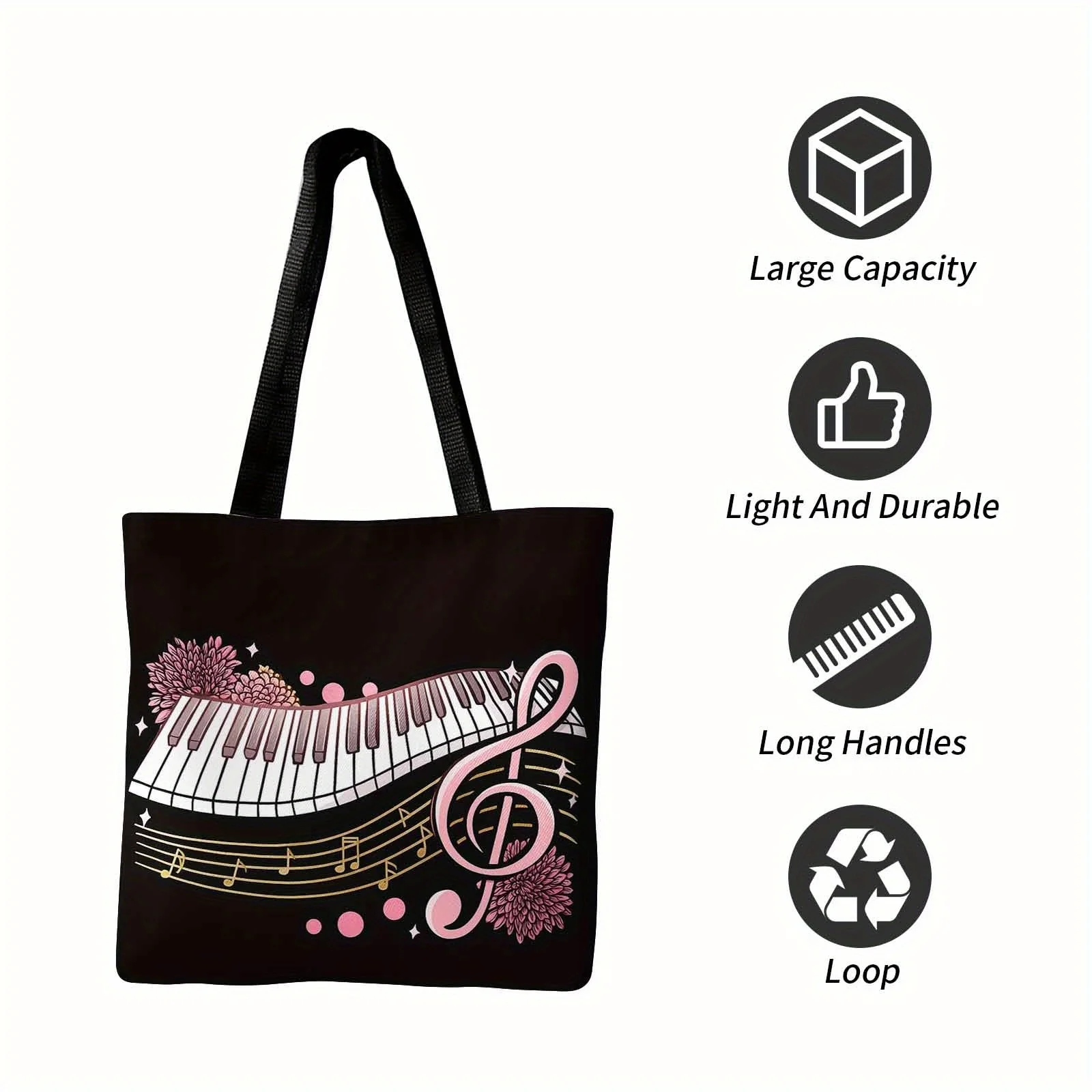 Music & Piano Tote Bag with Piano Keys & Treble Clef Design - Pink & Black Musical Note Handbag, White Casual Shoulder Bag