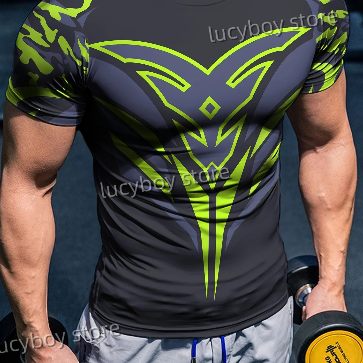 Summer Mens Strength TraininT Shirt 3D Green Printing Sports Gym Short Sleeve Tees Quick Drying Running Men Oversized Clothing