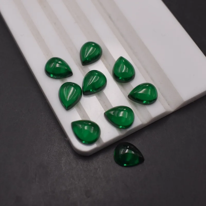 Emerald Pear Cabochon Smooth Polished Surface Egg Shape Synthetic GreenNano Flat Back Multiple Sizes to Choose