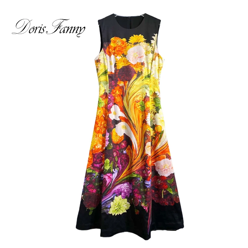 

Doris Fanny High Quality 100% Cotton Dress Women Sleeveless Flower Print Long Dresses Colorful Elegant Poplin Tank Vestidos