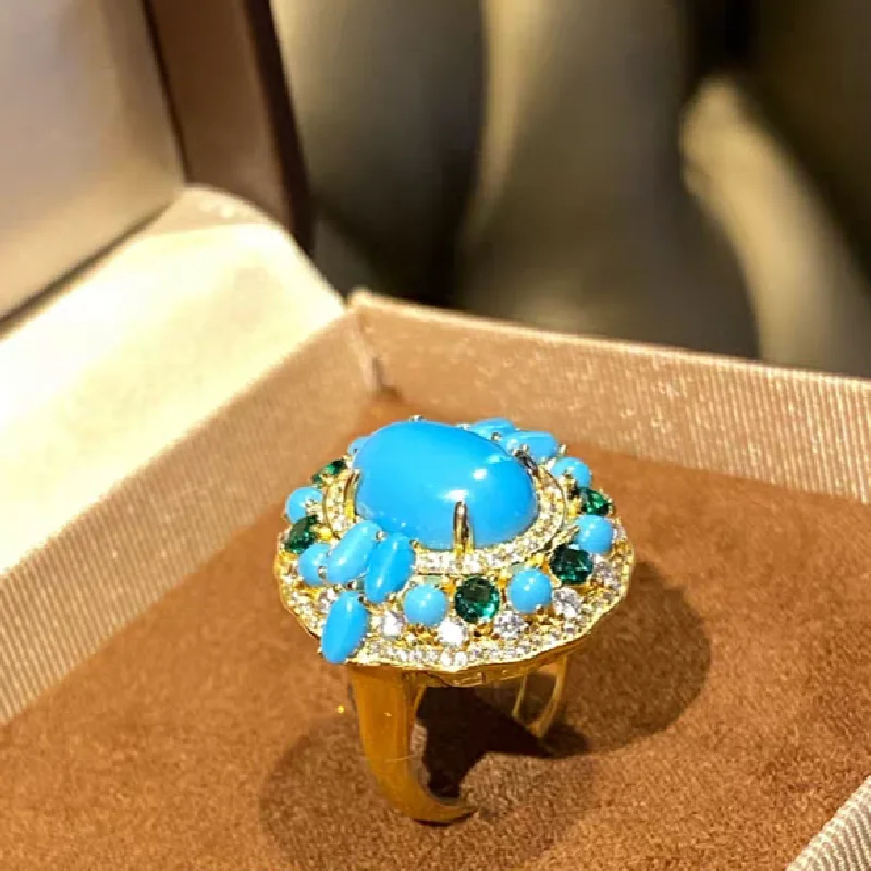 

ARIGAYA Natural Premium Blue Turquoise 925 Sterling Silver Exquisitely Ring With 5A Zircon For Women Fine Jewelry