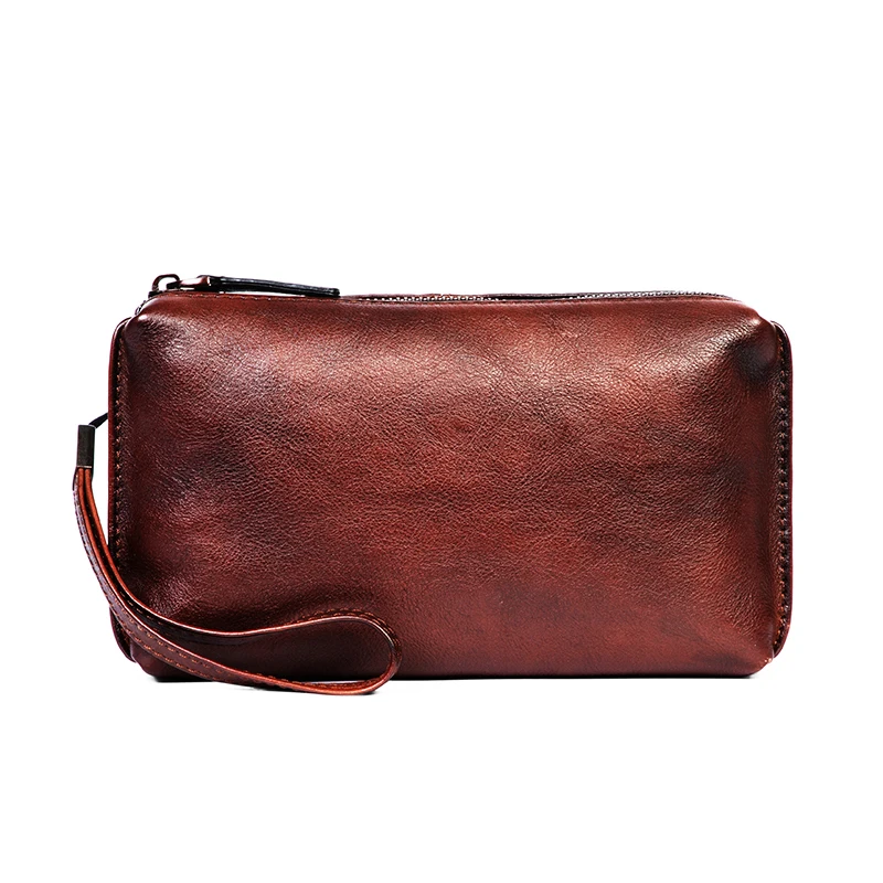 Retro Hand-painted Vegetable Tanned Leather Handbag MEN'S Casual Long Money Baotou Layer Leather Zipper Wallet Clutch Bag Soft