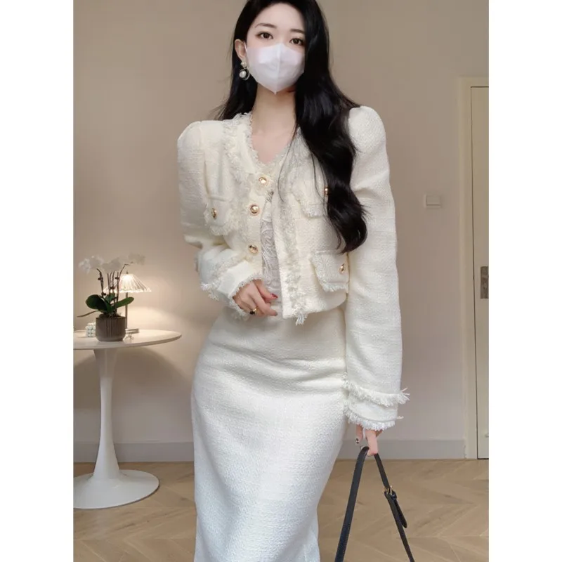 Korean Fashion Elegant Luxury Two-piece Skirt Sets Women Crop Jacket Coat Bodycon Midi Skirt Autumn Winter New Female Outfits