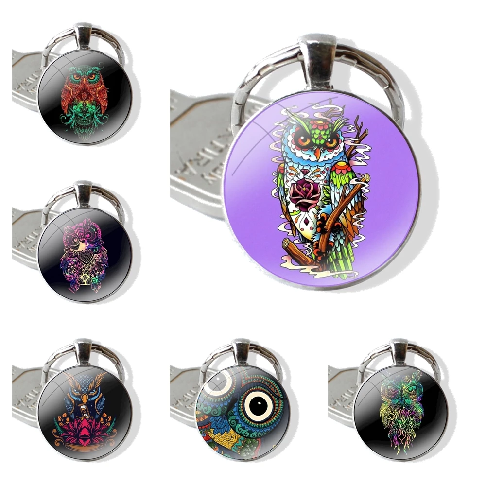 Keychain Handmade Glass Cabochon Key Ring Holder Pendant Key Chains artoon Animal Flower Owl Black