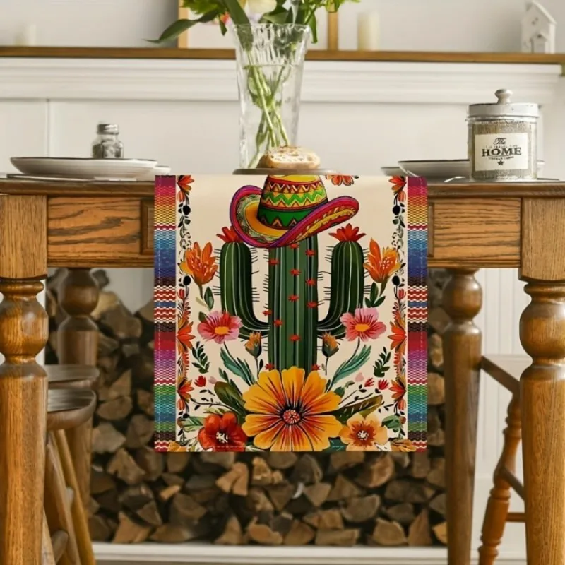 VIKAMA Mexican Cactus Sombrero Table Runner, Folk Art Rectangular Dining Table Cover for Cinco de Mayo Fiesta Party Decor