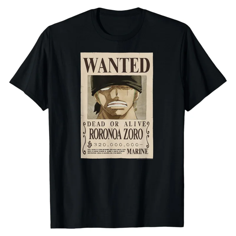 Camiseta One Piece con estampado gráfico del cartel de recompensa de Roronoa Zoro, cuello redondo, 100% algodón duradero, estilo clásico streetwear.