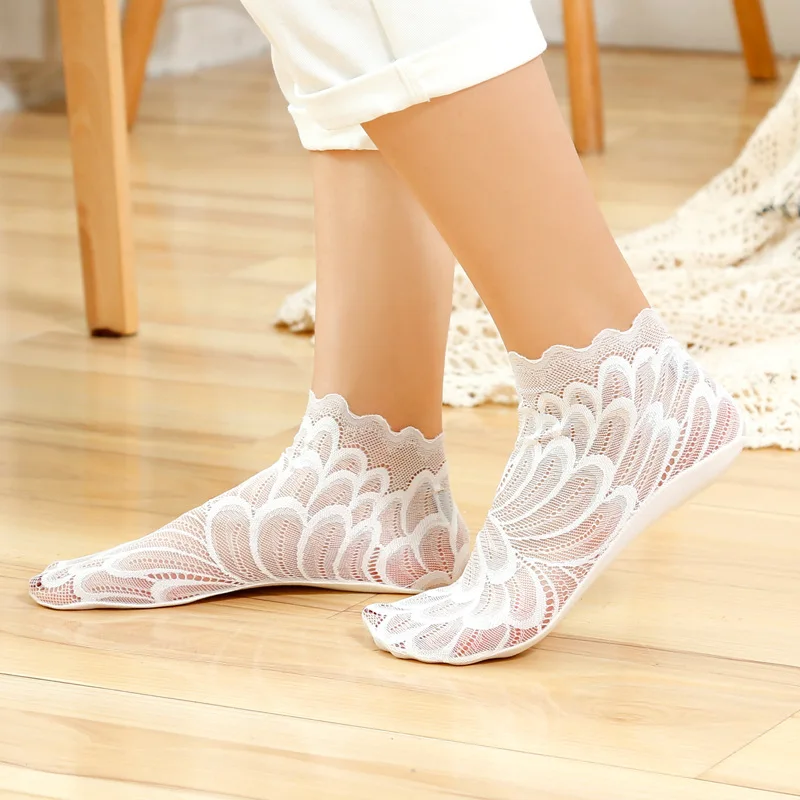 5 Pairs Women Lace Flower Mesh Socks Non-slip Invisible Liner Sock Female Elastic Comfy Thin Transparent Breathable Ankle Socks