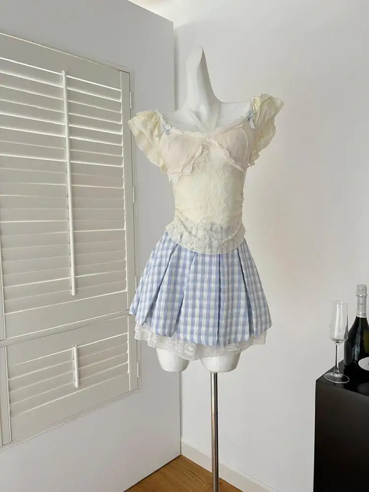 

Summer Women's 2025 New Beige Lace Elegant Ruffles Halter Lace-up Tops And Blue Plaid High Waist Sexy Mini Skirt Two-piece Sets