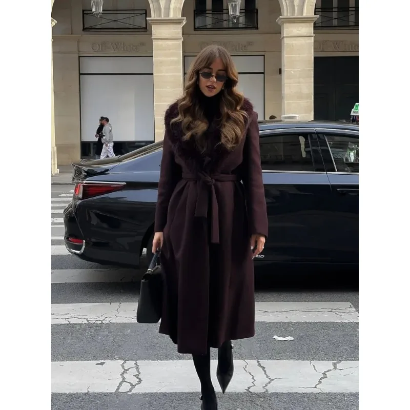 معطف نسائي أنيق بياقة من الفرو معطف صوفي أنيق بياقة على شكل حرف v وأكمام طويلة وأربطة معاطف طويلة فضفاضة للسيدات ملابس خارجية للشارع للتنقل اليومي