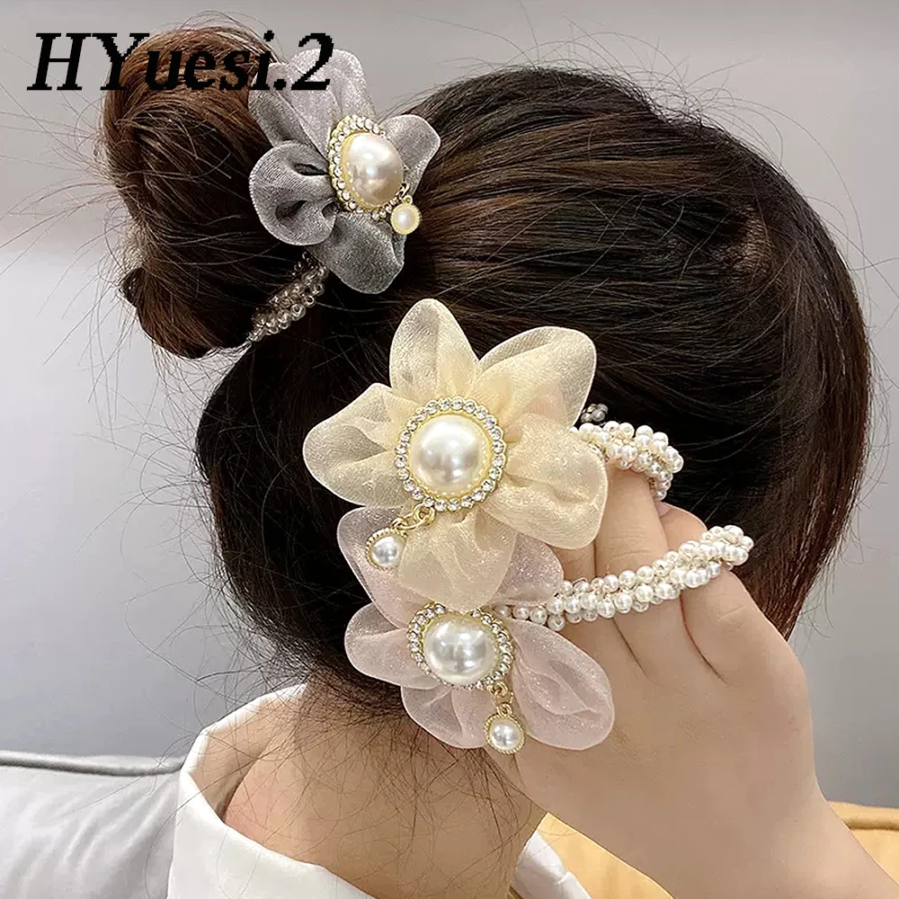 Elegant Rhinestone Flower Hair Rope Elastic Organza Pearl Beaded Hair Scrunchies Lace Ponytail Holder Hair Accessories For Women