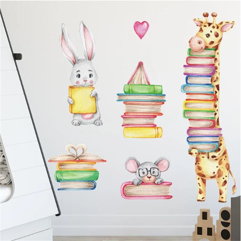 Giraffe Kaninchen mit Buch Wandaufkleber Kinderzimmer Dekor Kinder Lesezimmer Dekoration Student Bibliothek Aufkleber Klassenzimmer Wandbild Poster – Detail 6