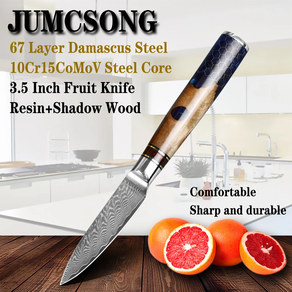 JUMCSONG 3.5 Inch 67 Layer Damascus Stainless Steel Fruit Knife Japanese Kitchen Knife Honeycomb Resin Handle Chef EDC Tool