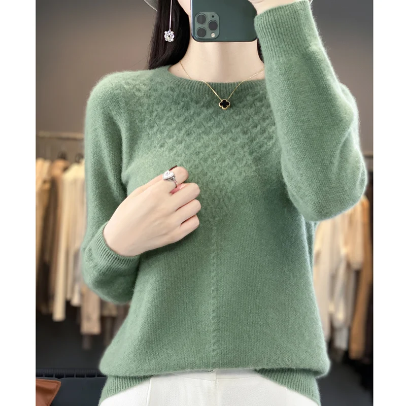 Suéter de cachemira de punto de manga larga para mujer, jersey de cuello redondo 100% puro, de primera línea, listo para usar, otoño e invierno, b