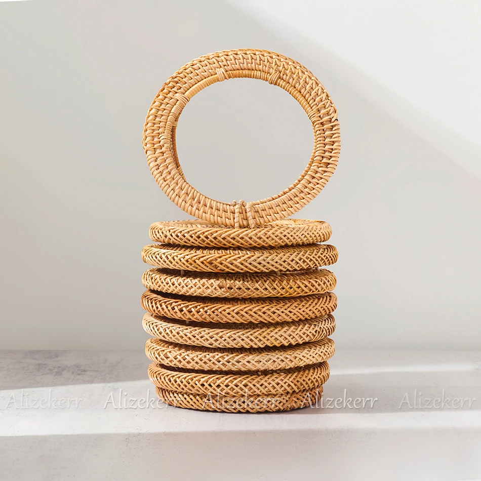 Alizekerr Bucket Beach Rattan Bags Women Summer Holiday Boutique Elegant Hand Woven Round Handle Straw Handbags High Quality